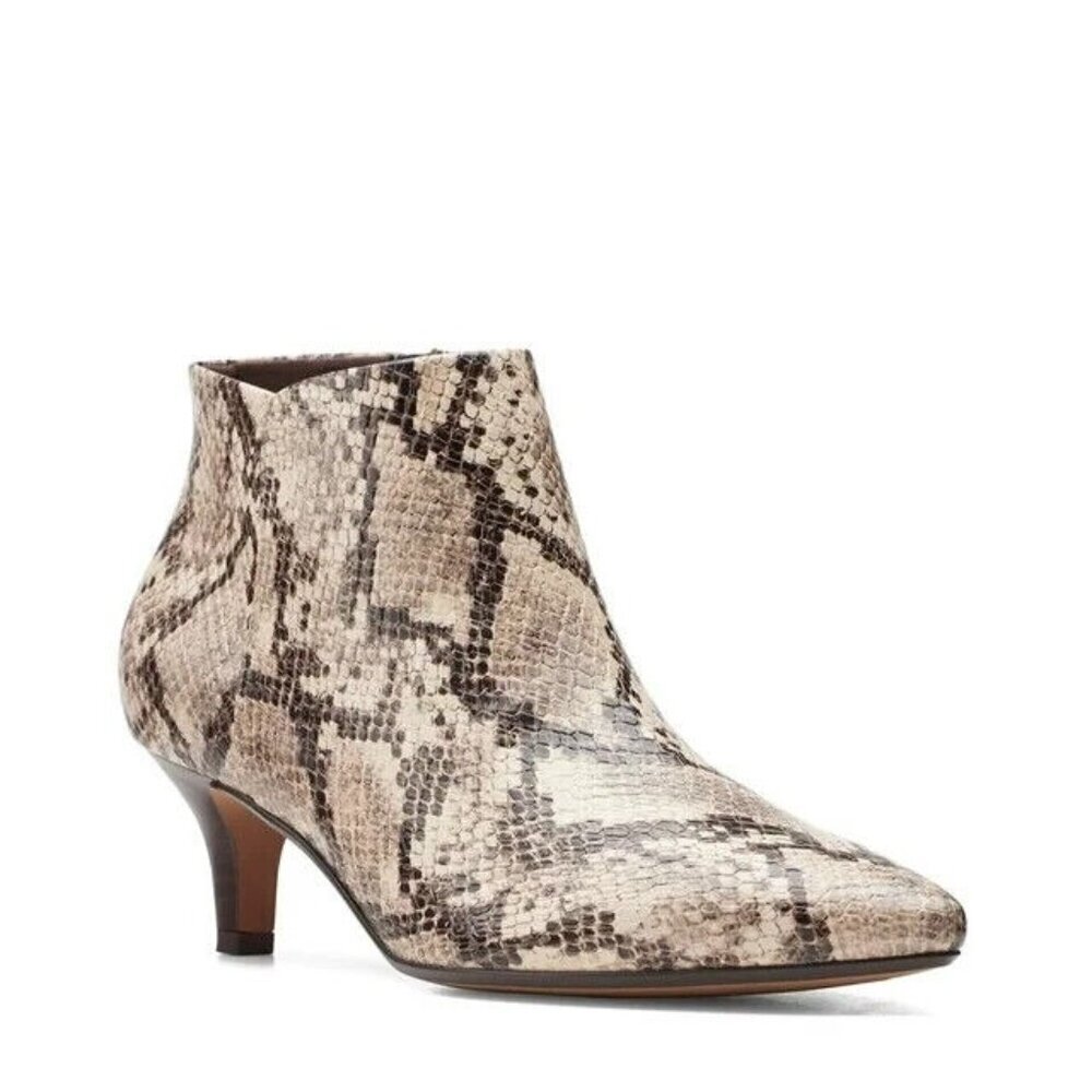 Clarks Collection Heeled Booties Linvale Judith‎ Taupe Snake NEW 7.5 W